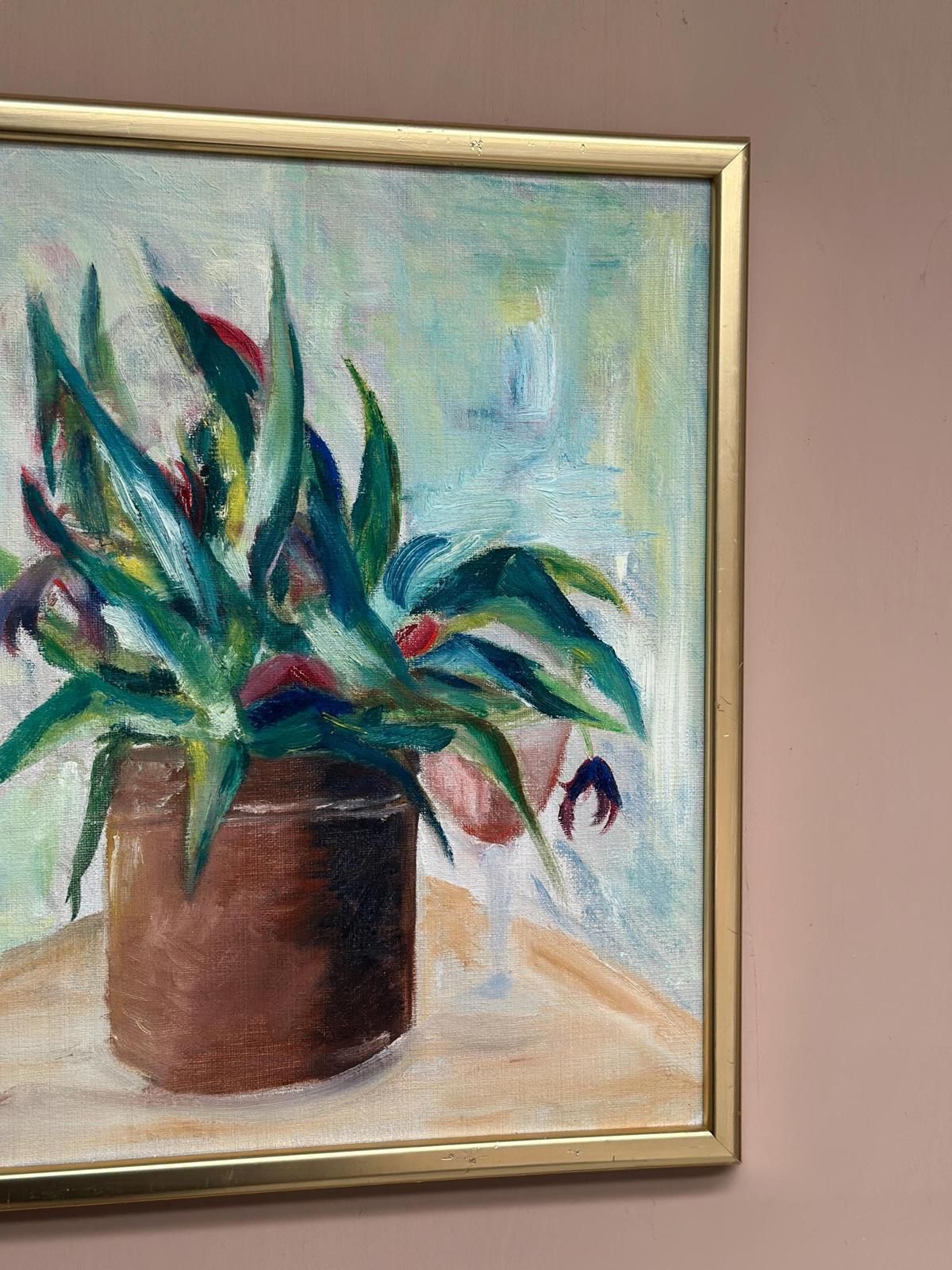 photo for sale Original Swedish Oil On Canvas – “Vase With Plant” – Vintage & Framed – 34 × 45 Cm (13.4" × 17.7")