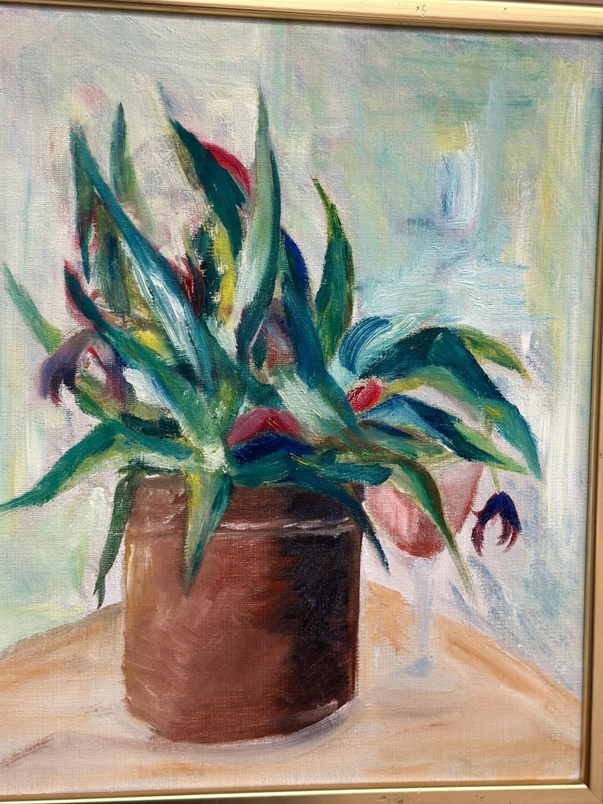 315.0 Original Swedish Oil On Canvas – “Vase With Plant” – Vintage & Framed – 34 × 45 Cm (13.4" × 17.7") photo