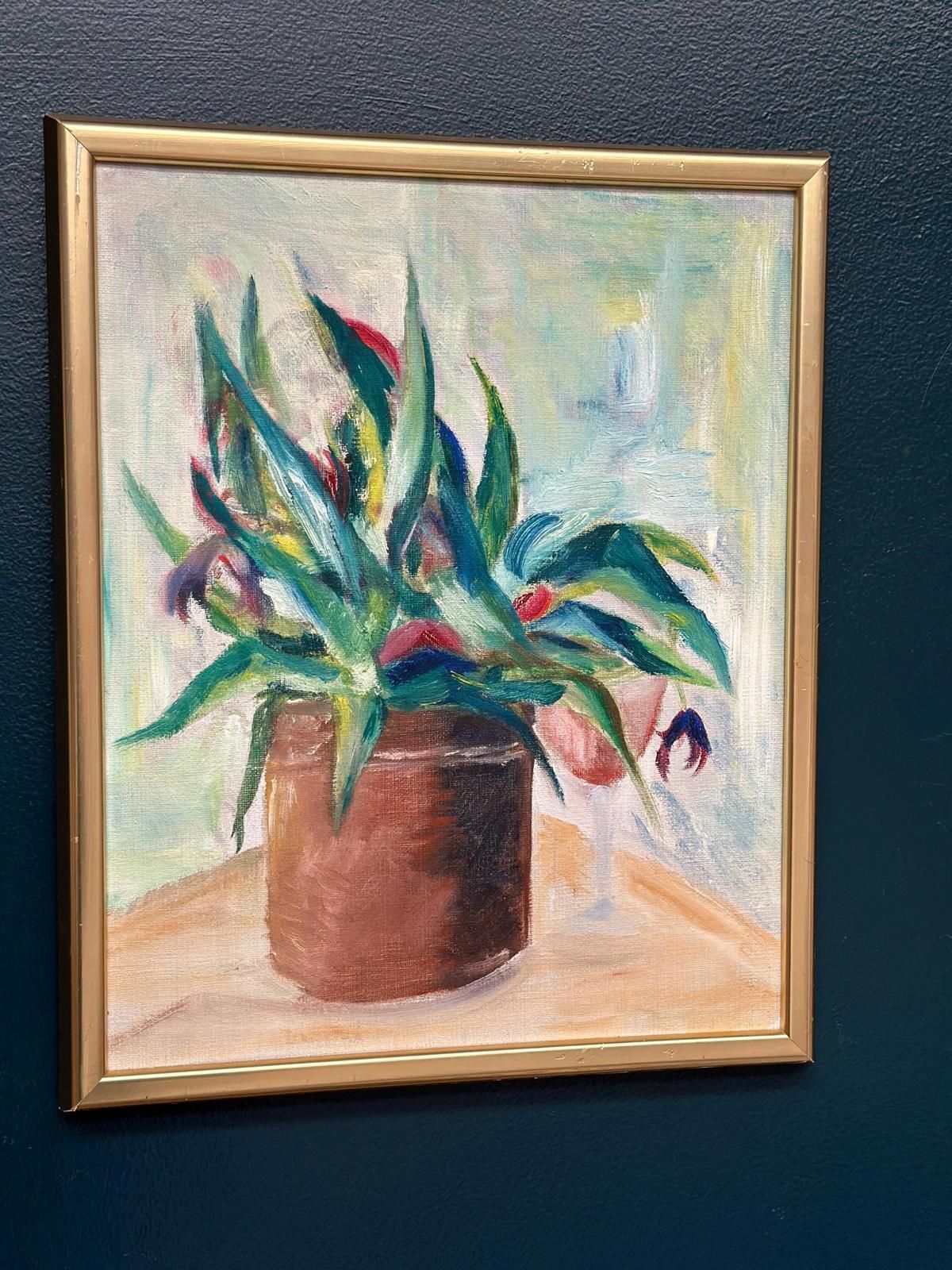 photo buy Original Swedish Oil On Canvas – “Vase With Plant” – Vintage & Framed – 34 × 45 Cm (13.4" × 17.7")