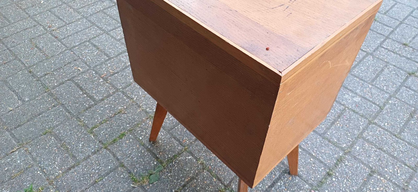 Vintage Mid Century Modern Solid Oak Sewing Box Table With Rare Sliding Top And Splayed Legs Retro Storage Cabinet Craft Organiser photo vintage