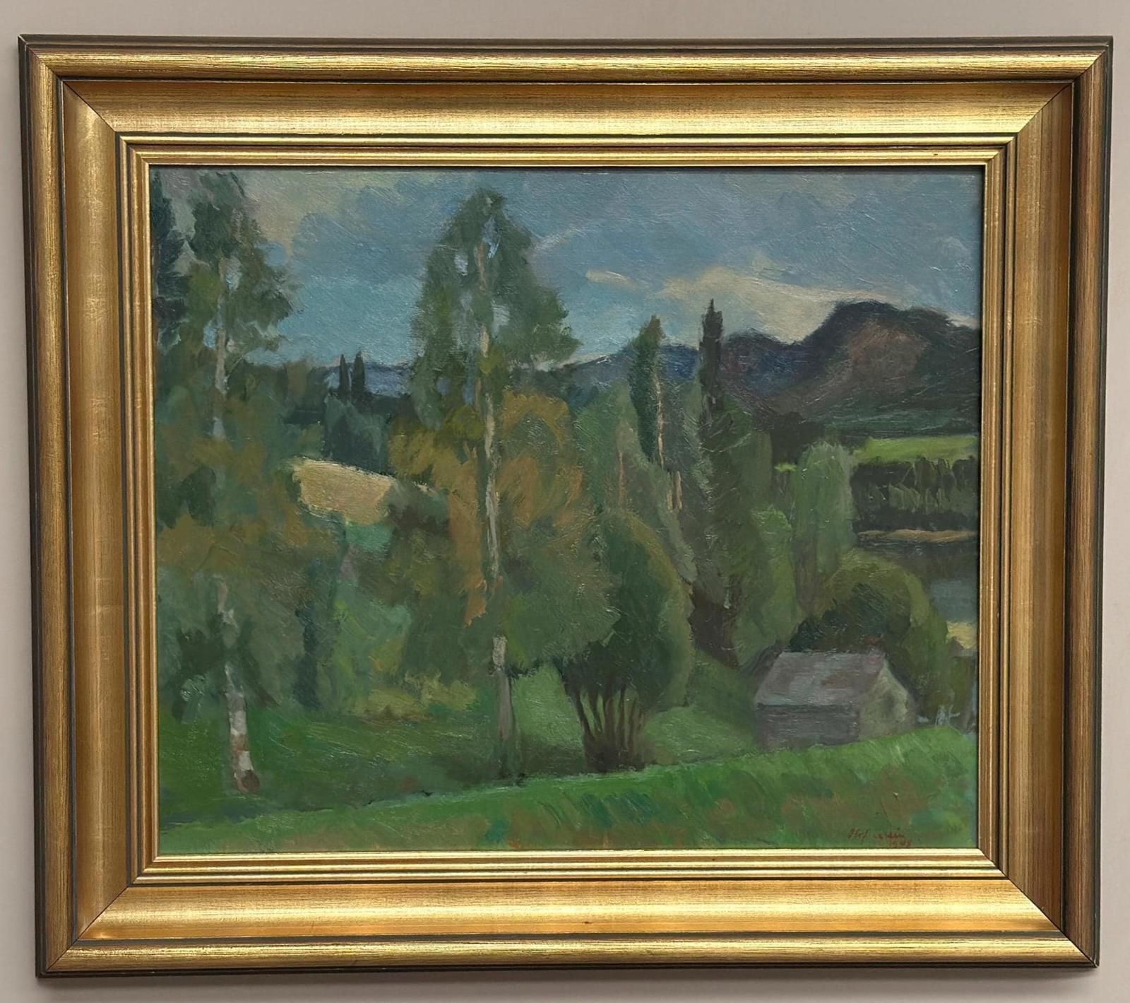 Original Swedish Oil On Panel – “Lush Landscape” By Olof Larsson – Vintage & Framed – 78 × 61 Cm (30.7" × 24") photo furniture