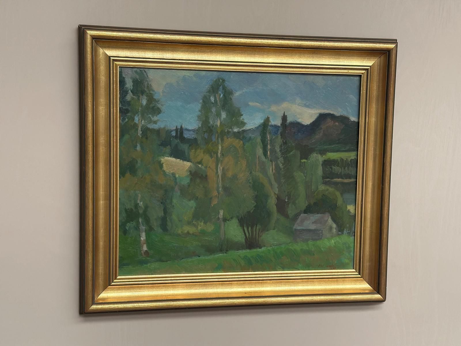 photo furniture Original Swedish Oil On Panel – “Lush Landscape” By Olof Larsson – Vintage & Framed – 78 × 61 Cm (30.7" × 24")