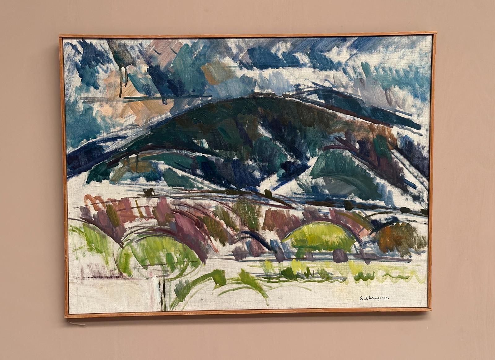 Original Mid Century Swedish Oil On Canvas – “Serene Landscape” By Sture Ekengren – Vintage & Framed – 62 × 48 Cm (24.4" × 18.9") photo vintage