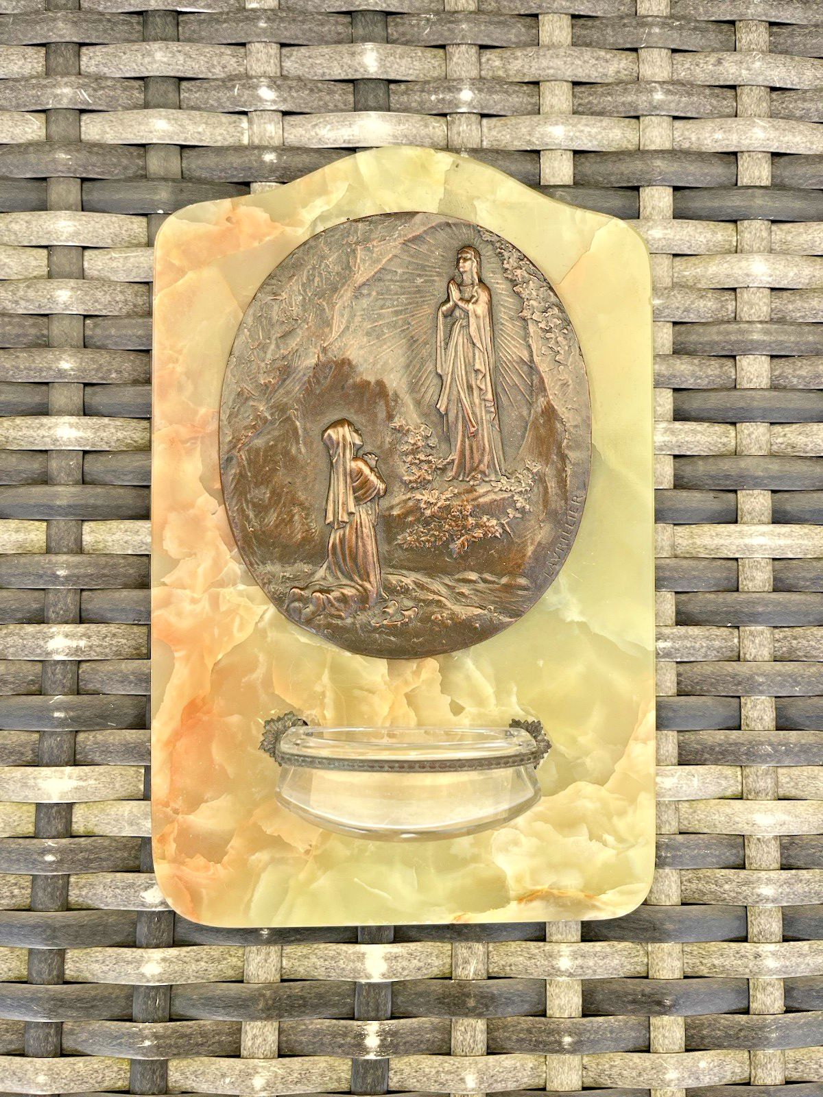 Antique Lady Of Lourdes Apparition Signed Bronze Holy Water Catholic Church Font photo 165.0