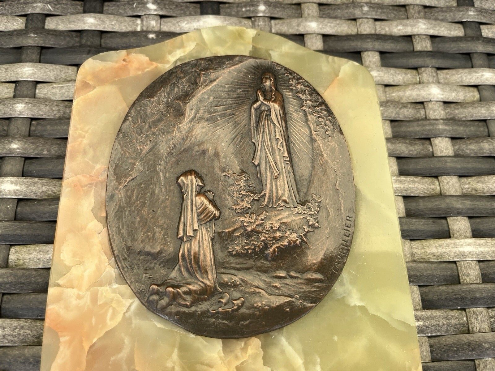 Antique Lady Of Lourdes Apparition Signed Bronze Holy Water Catholic Church Font photo vinterior