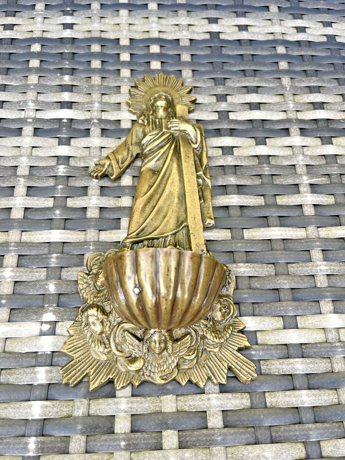 Antique French Art Deco Brass Holy Water Catholic Church Font Jesus Cross Angels photo vintage