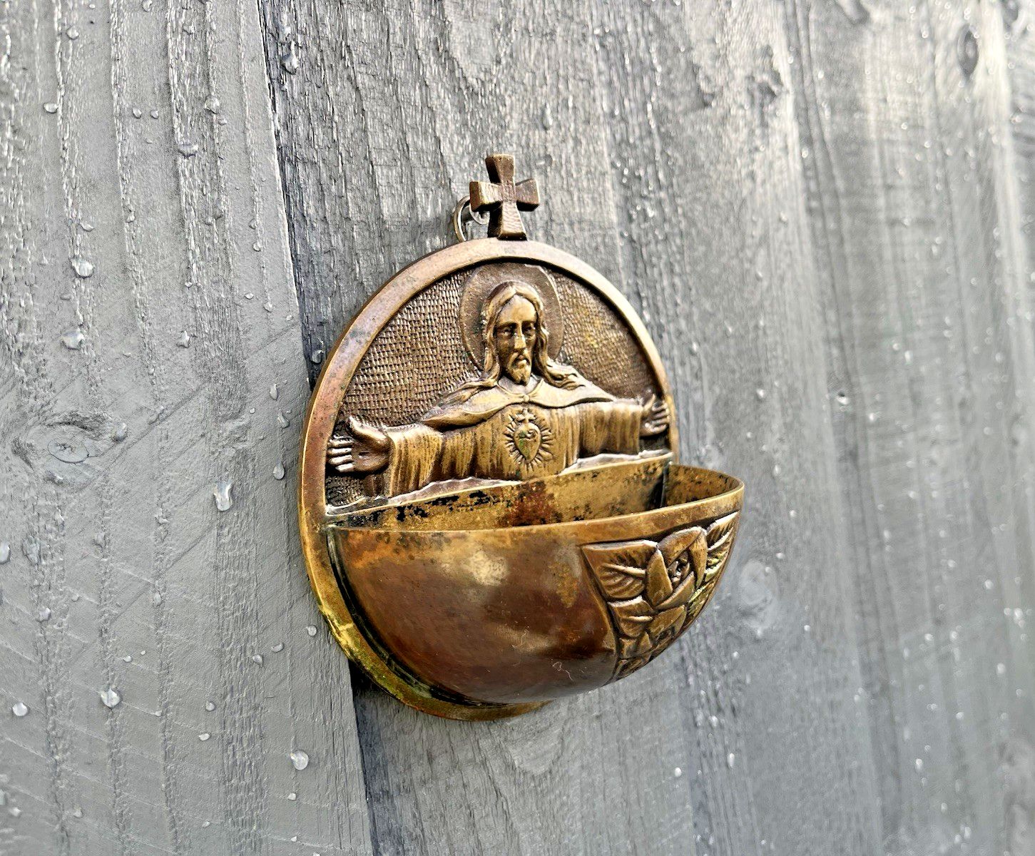 Art Deco Bronze Jesus Sacred Heart Holy Water Catholic Church Font Signed Hoffer photo for sale