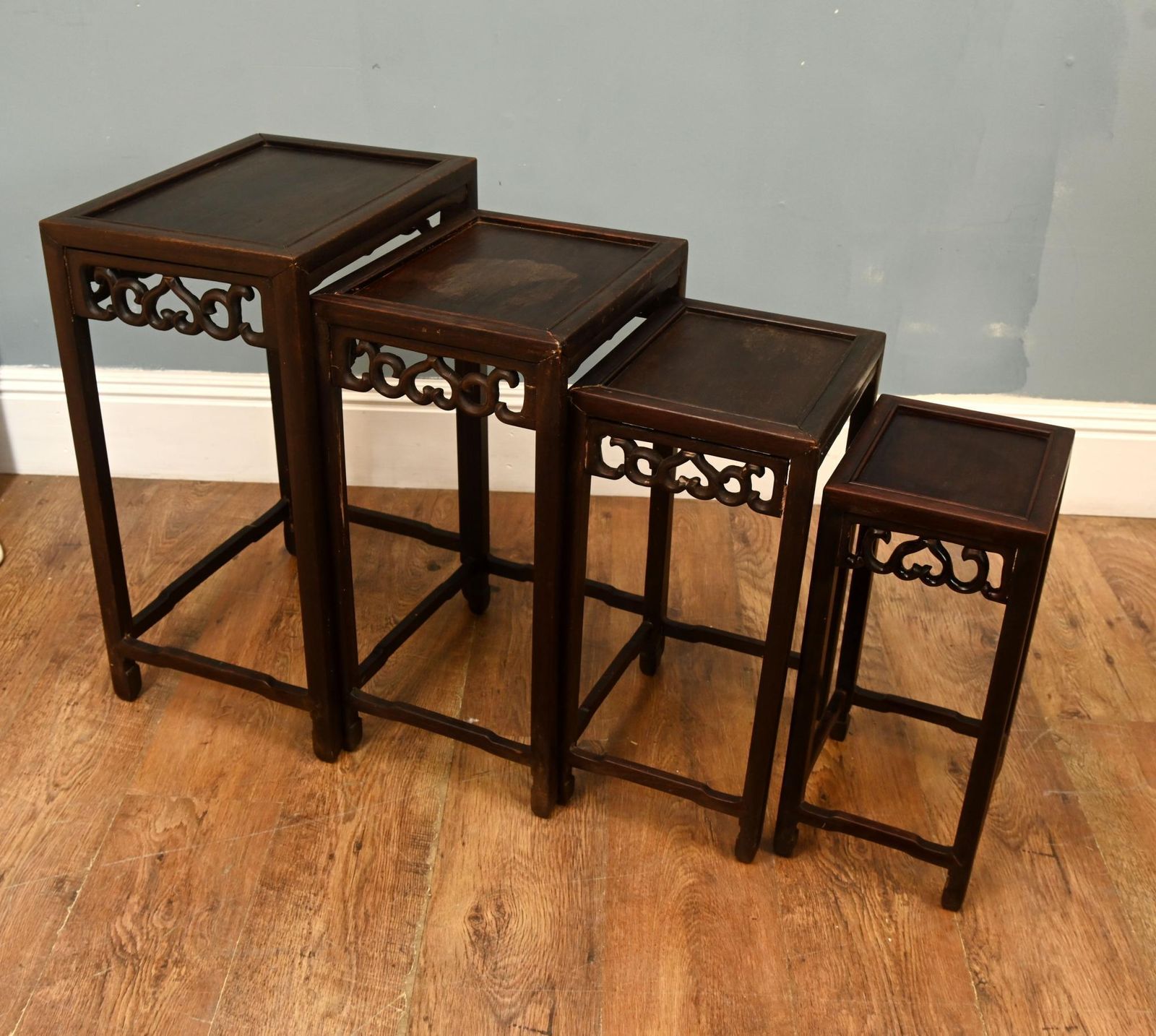 Set Four Chinese Style Graduated Nest Of Tables Carved Friezes Circa 1920