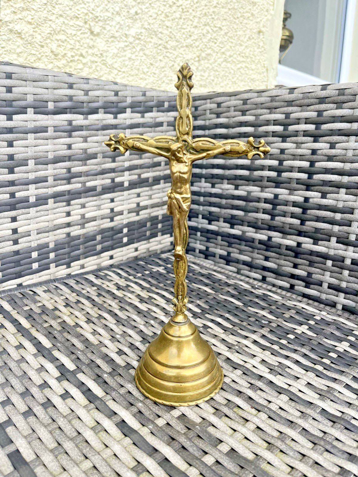 French Antique Art Deco Brass Freestanding Altar Crucifix Church Cross Jesus