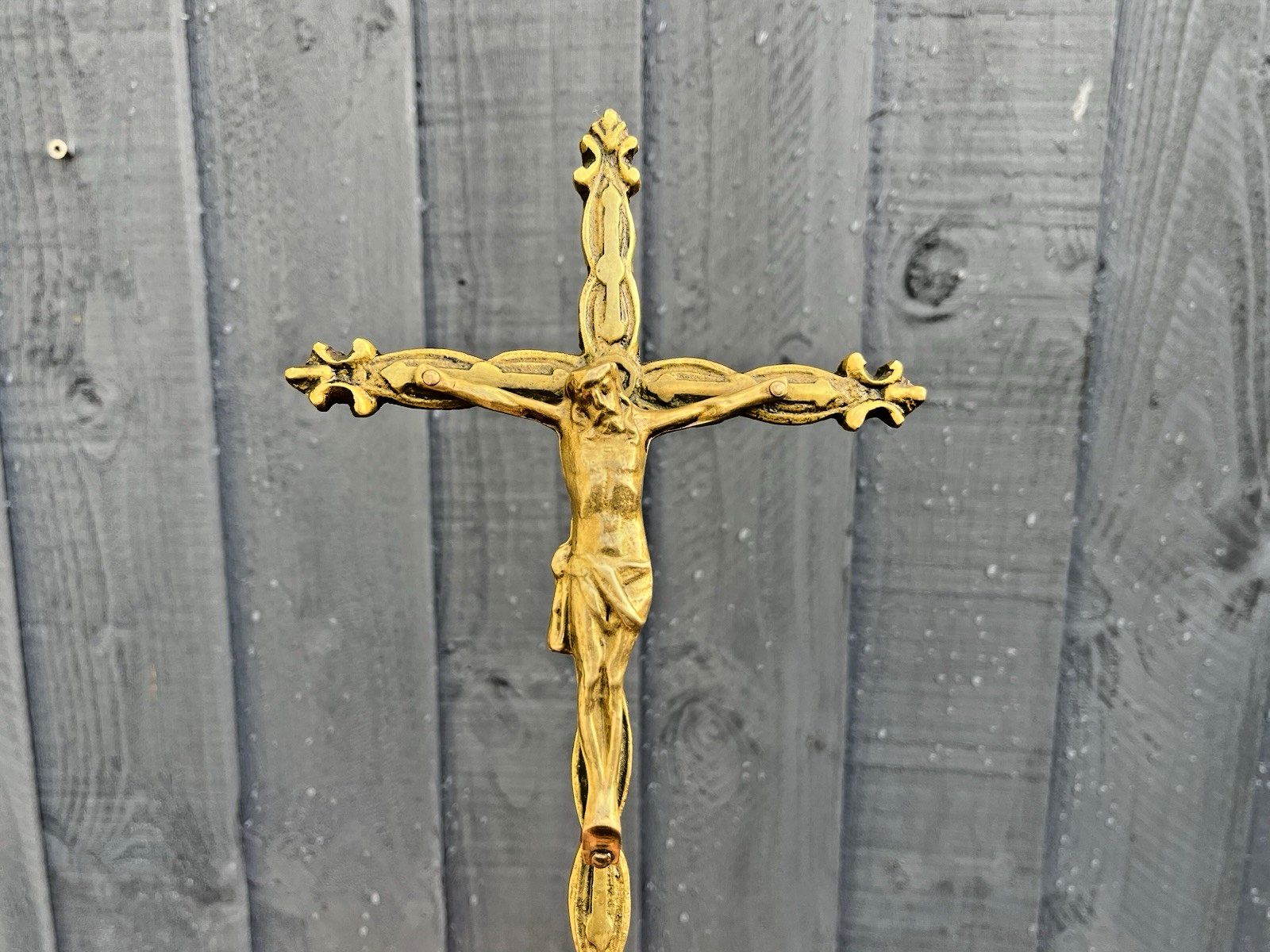 French Antique Art Deco Brass Freestanding Altar Crucifix Church Cross Jesus photo for sale
