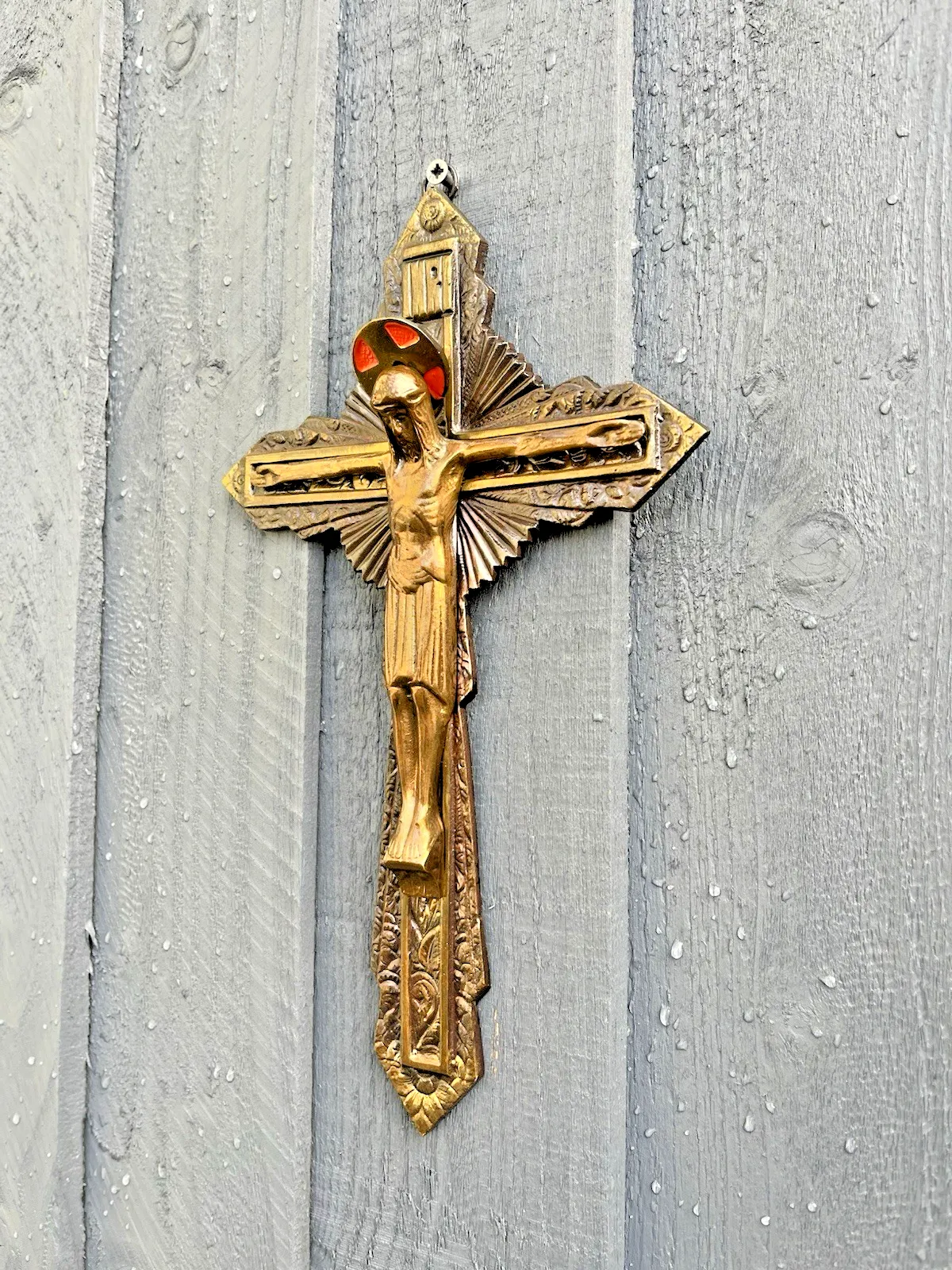 French Antique Art Deco Brass Bronzed Wall Hanging Crucifix Church Cross Jesus