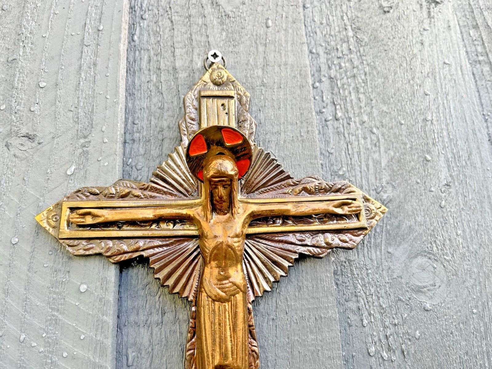 French Antique Art Deco Brass Bronzed Wall Hanging Crucifix Church Cross Jesus photo Art