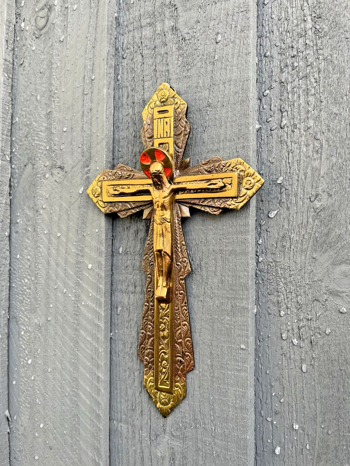 Art Deco Antique French Brass Bronzed Wall Hanging Crucifix Church Cross Jesus