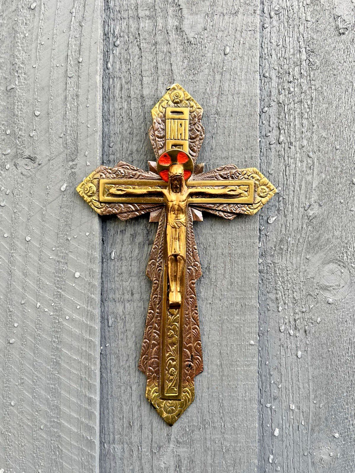 Art Deco Antique French Brass Bronzed Wall Hanging Crucifix Church Cross Jesus photo furniture