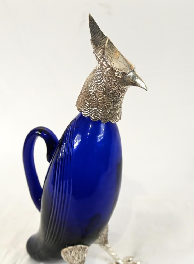 Silver Plate Hawk Decanter  Blue Glass Bird photo Home Decor
