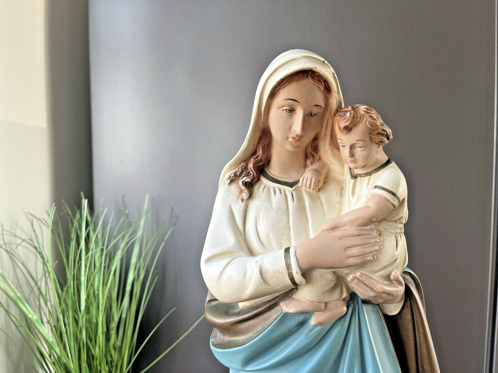 Antique 20" Plaster Chalkware Virgin Mary Baby Jesus Figure Religious Sculpture photo Art