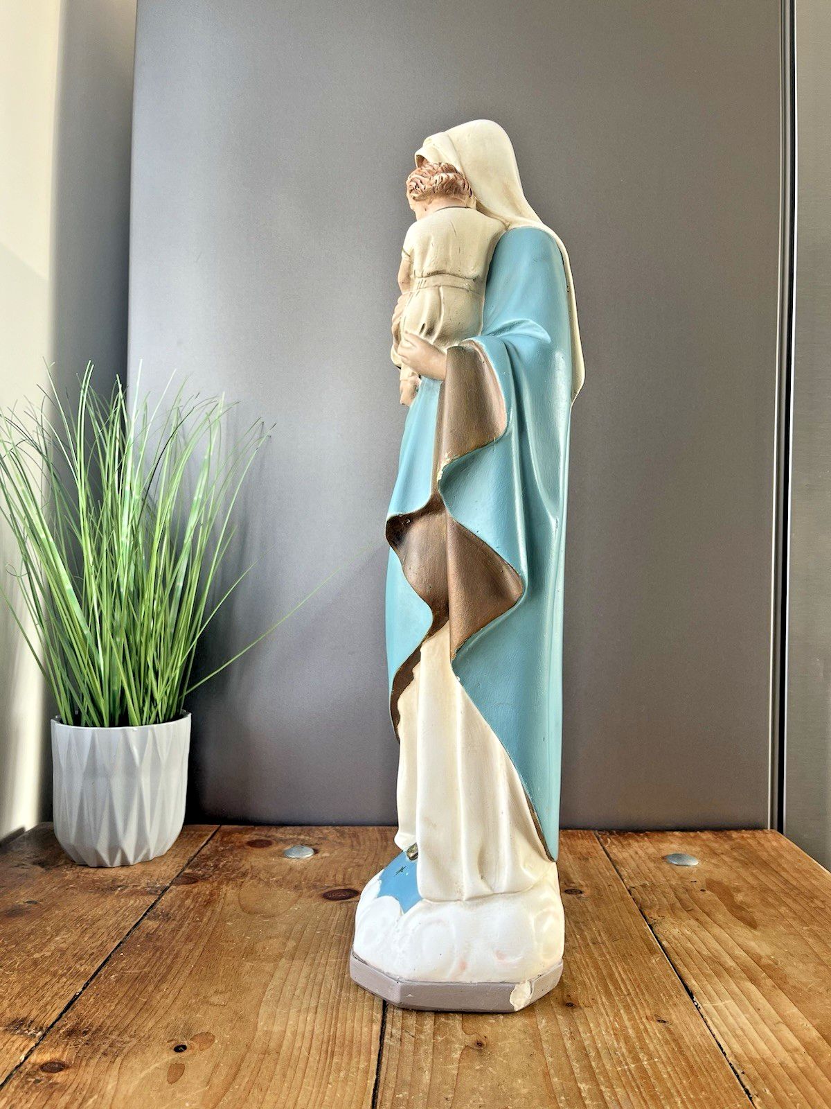 Antique 20" Plaster Chalkware Virgin Mary Baby Jesus Figure Religious Sculpture photo vintage