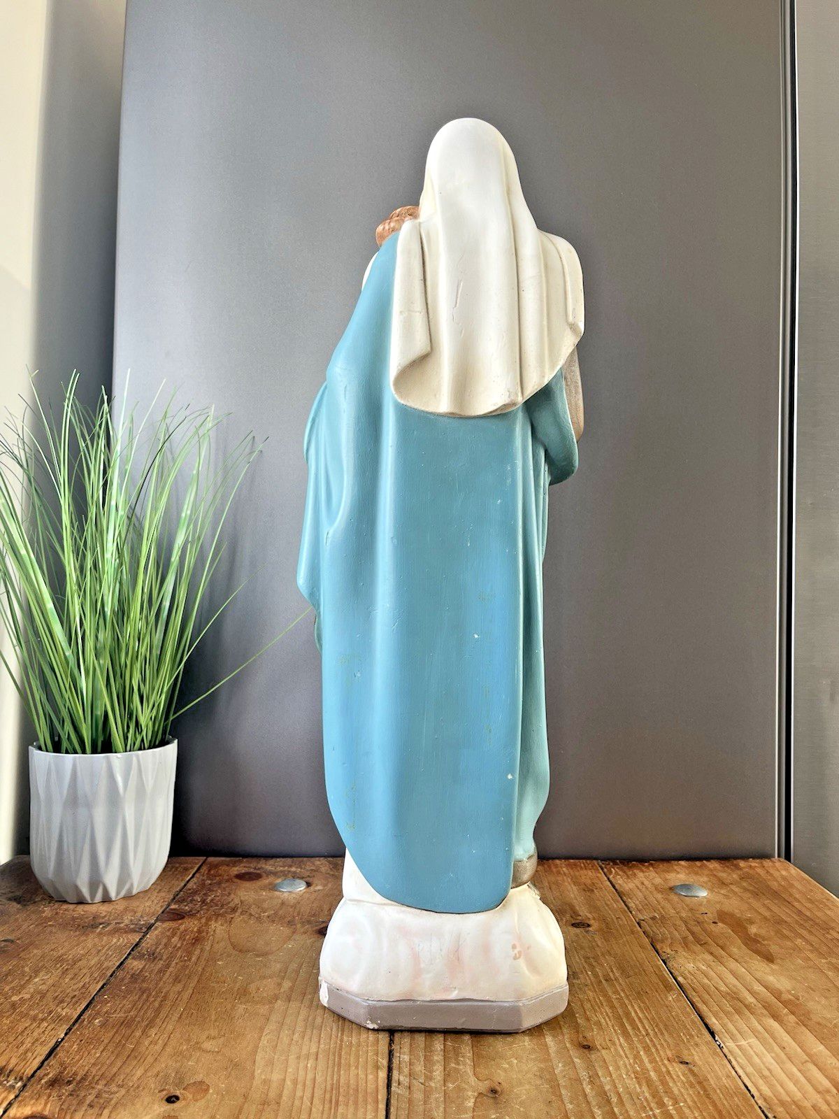 photo furniture Antique 20" Plaster Chalkware Virgin Mary Baby Jesus Figure Religious Sculpture