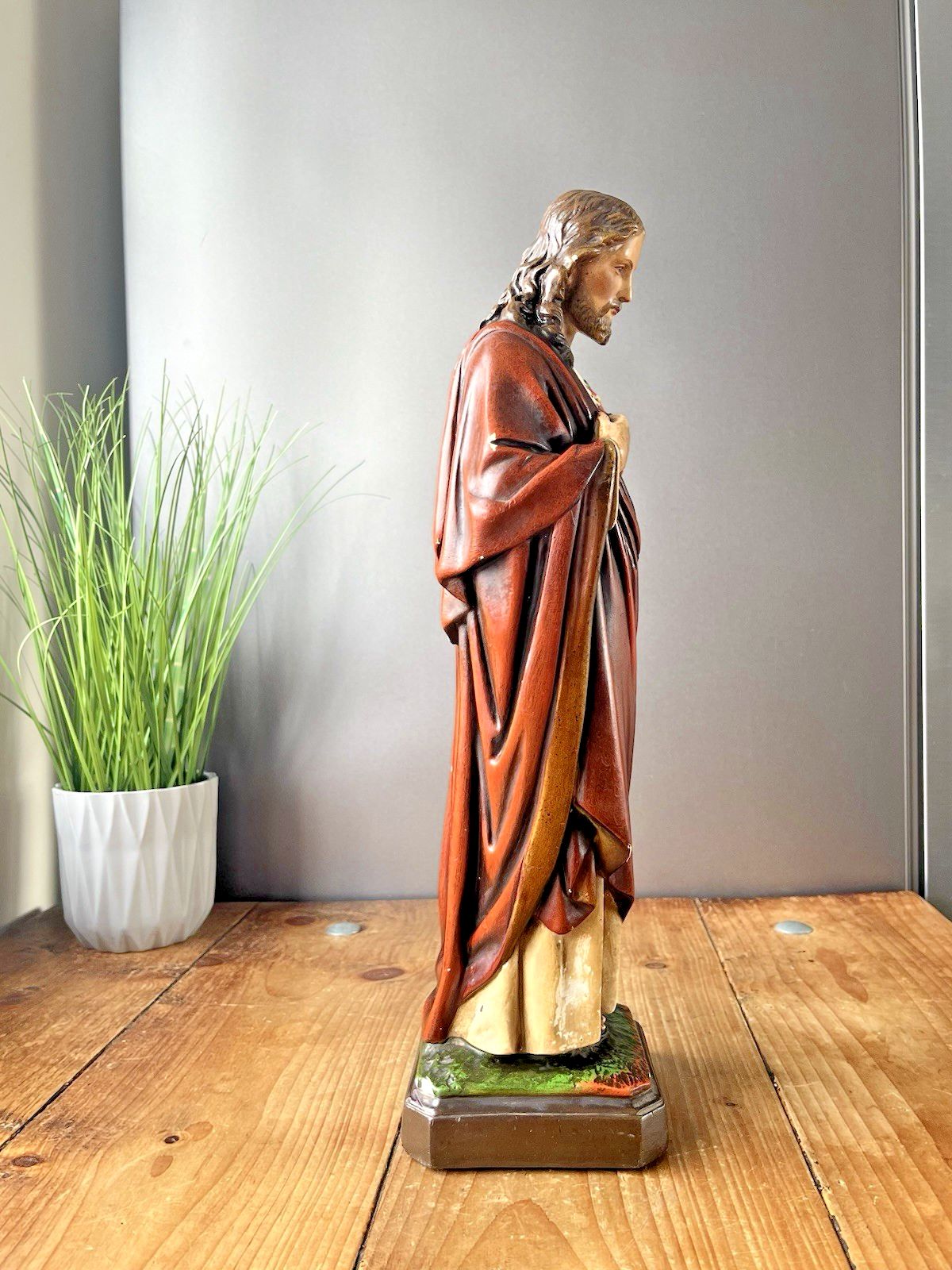 photo furniture Antique 16" Plaster Chalkware Jesus Sacred Heart Religious Figurine Sculpture