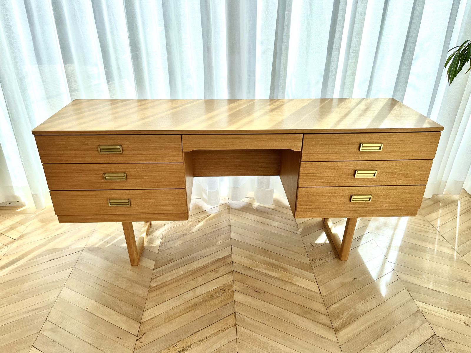 Mid Century Seven Drawer Dressing Table/Desk With Brass Pulls