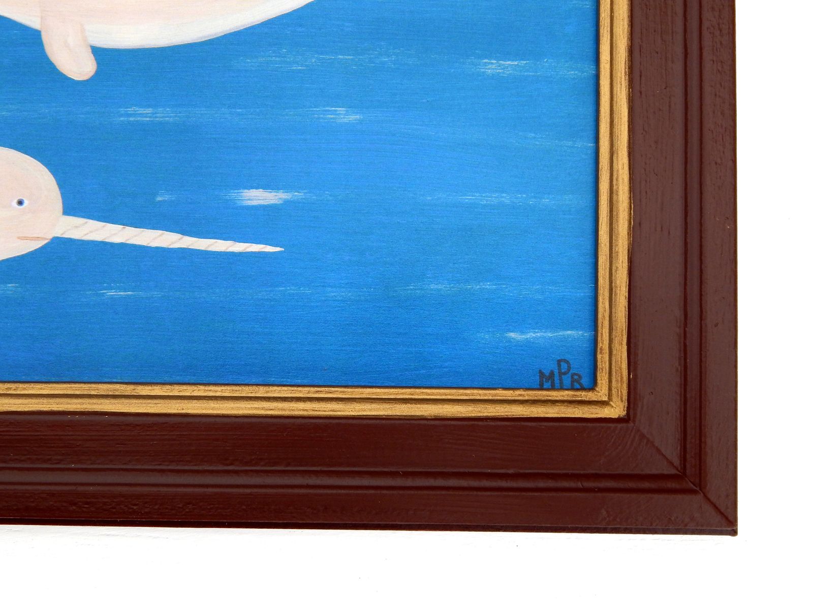 Naive Narwhal Whales Folk Art Print Early Steamship Hand Painted Frame photo vinterior
