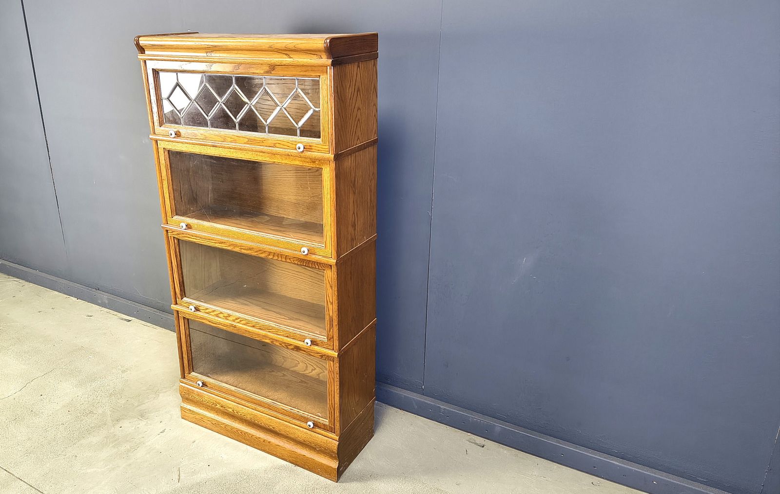Four Tier Oak Barrister Style Bookcase With Leaded Glass photo buy