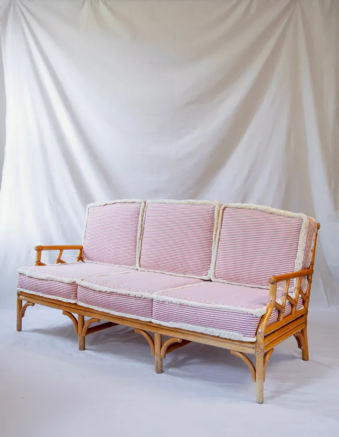 Vintage Cane Sofa With Striped Cushions