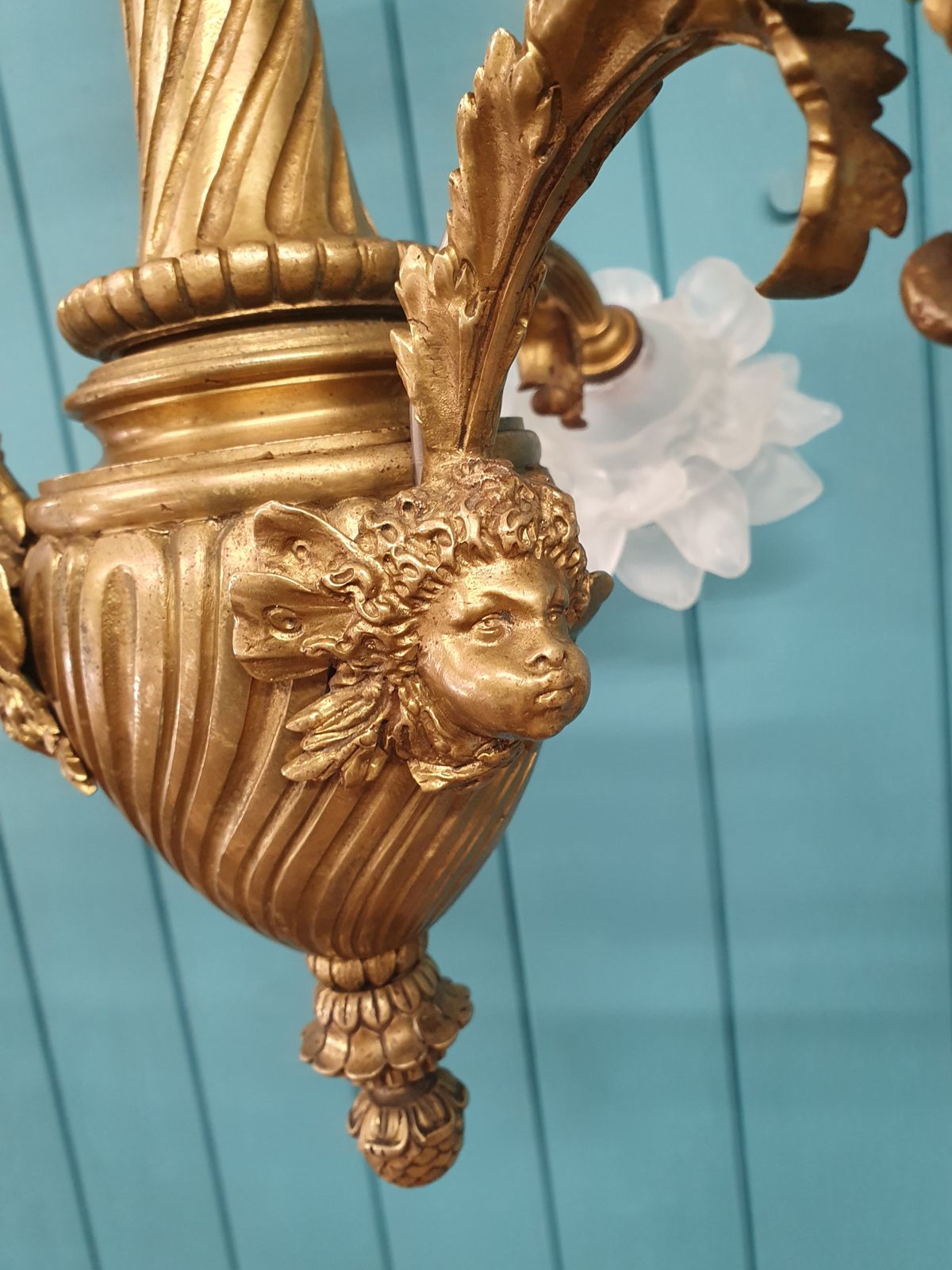 Brass And Glass Chandelier With Cherub Arms photo buy