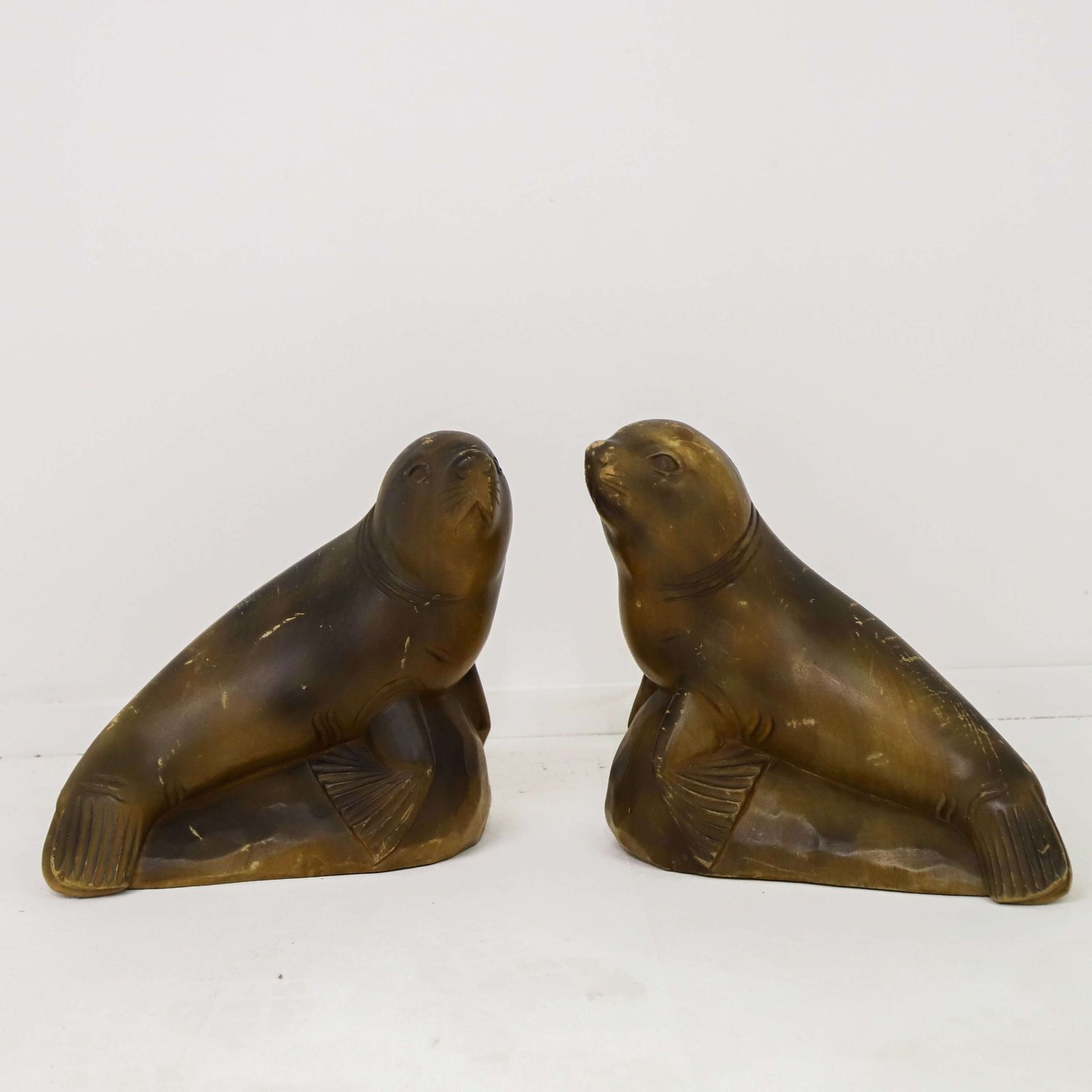 Highly Decorative Pair Of Mid‑Century Seal Sculptures   1950s Carved Figures photo furniture