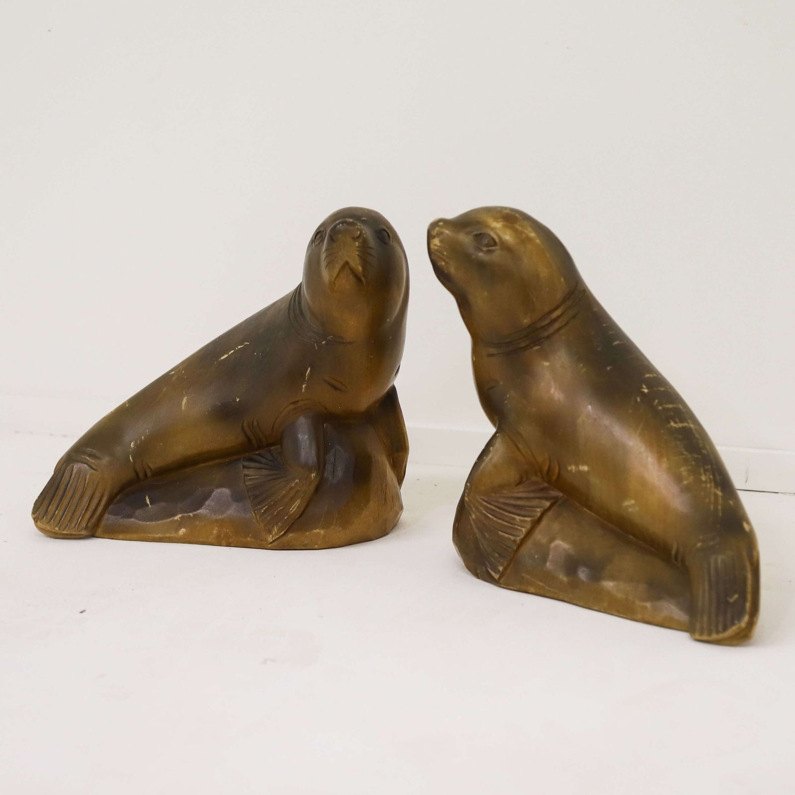 Highly Decorative Pair Of Mid‑Century Seal Sculptures   1950s Carved Figures photo Art