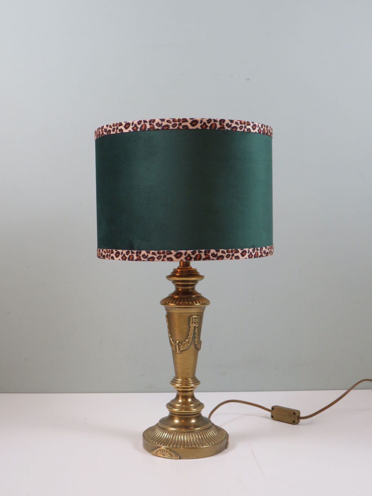 Vintage Brass Table Lamp With Green Velvet Shade And Panther Trim photo furniture