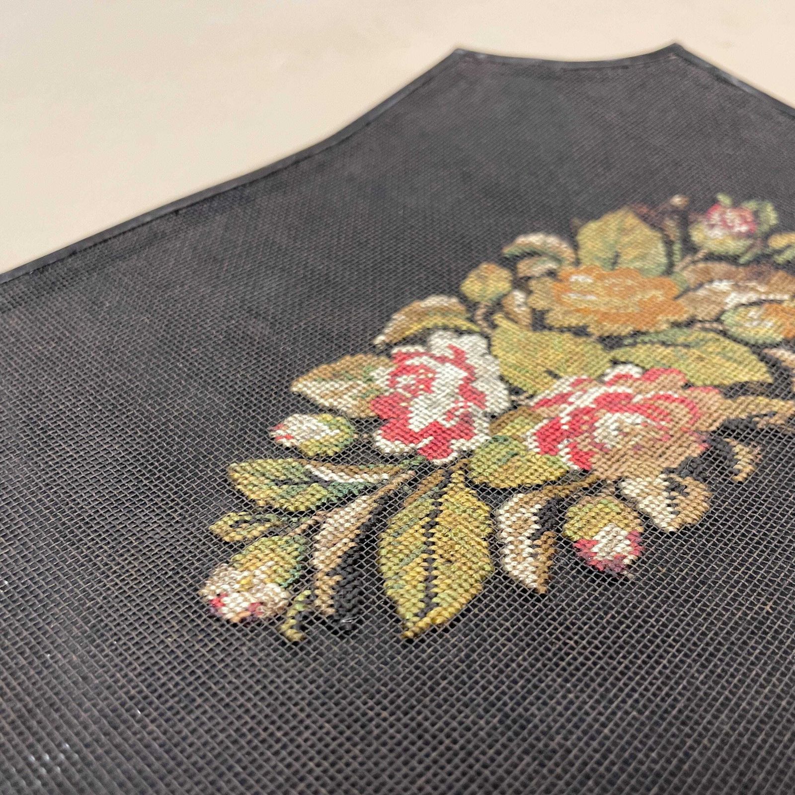 Pair Antique Face Screens Handheld Embroidered Floral Heat Protector Black Gold Handle Ladies Accessory photo buy