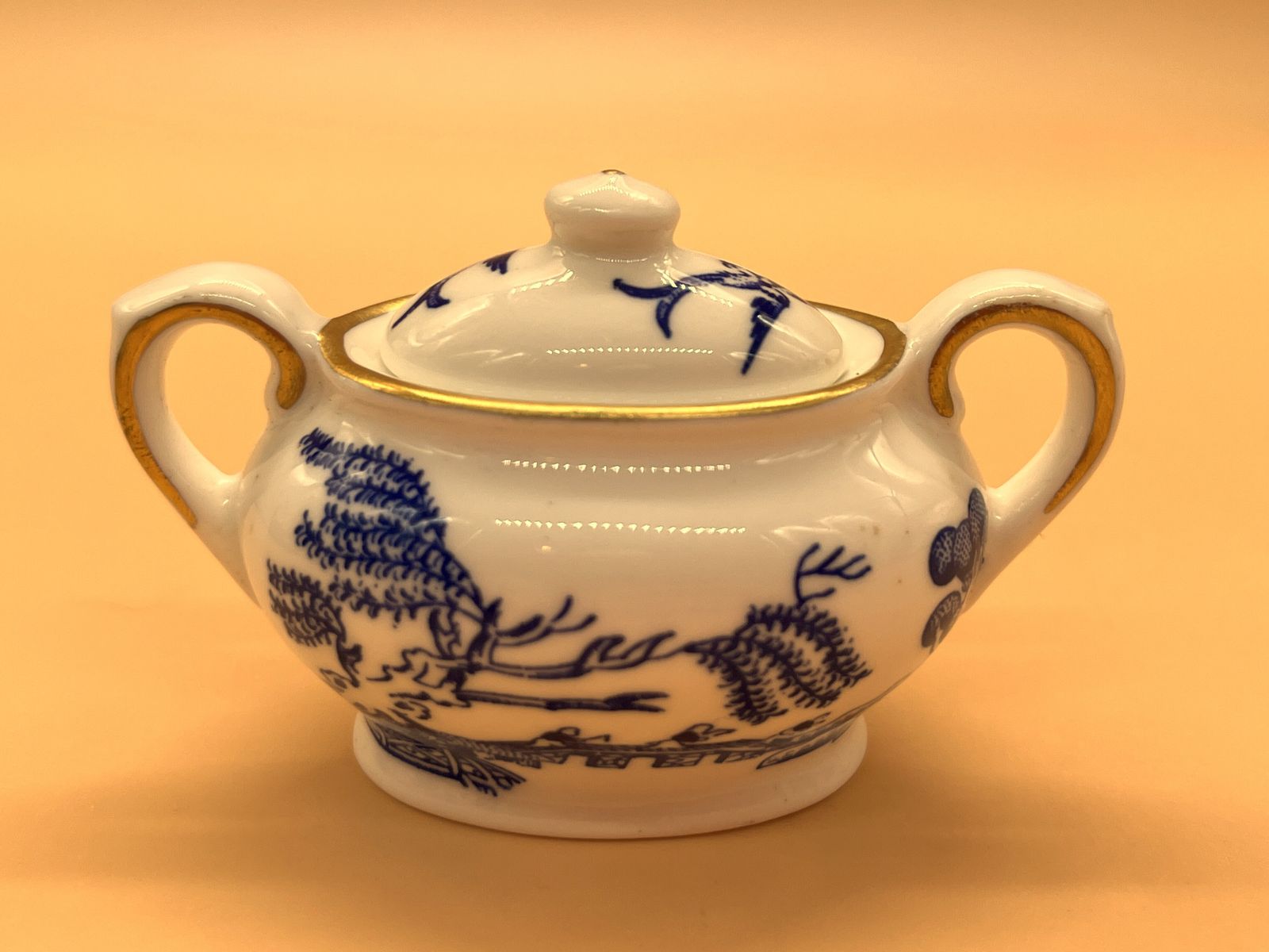 Coalport China Blue Willow Miniature Display Tea Set. Teapot, Creamer, Sugar, Tea Cup, Saucer & Side Plate Trio. photo 99.0