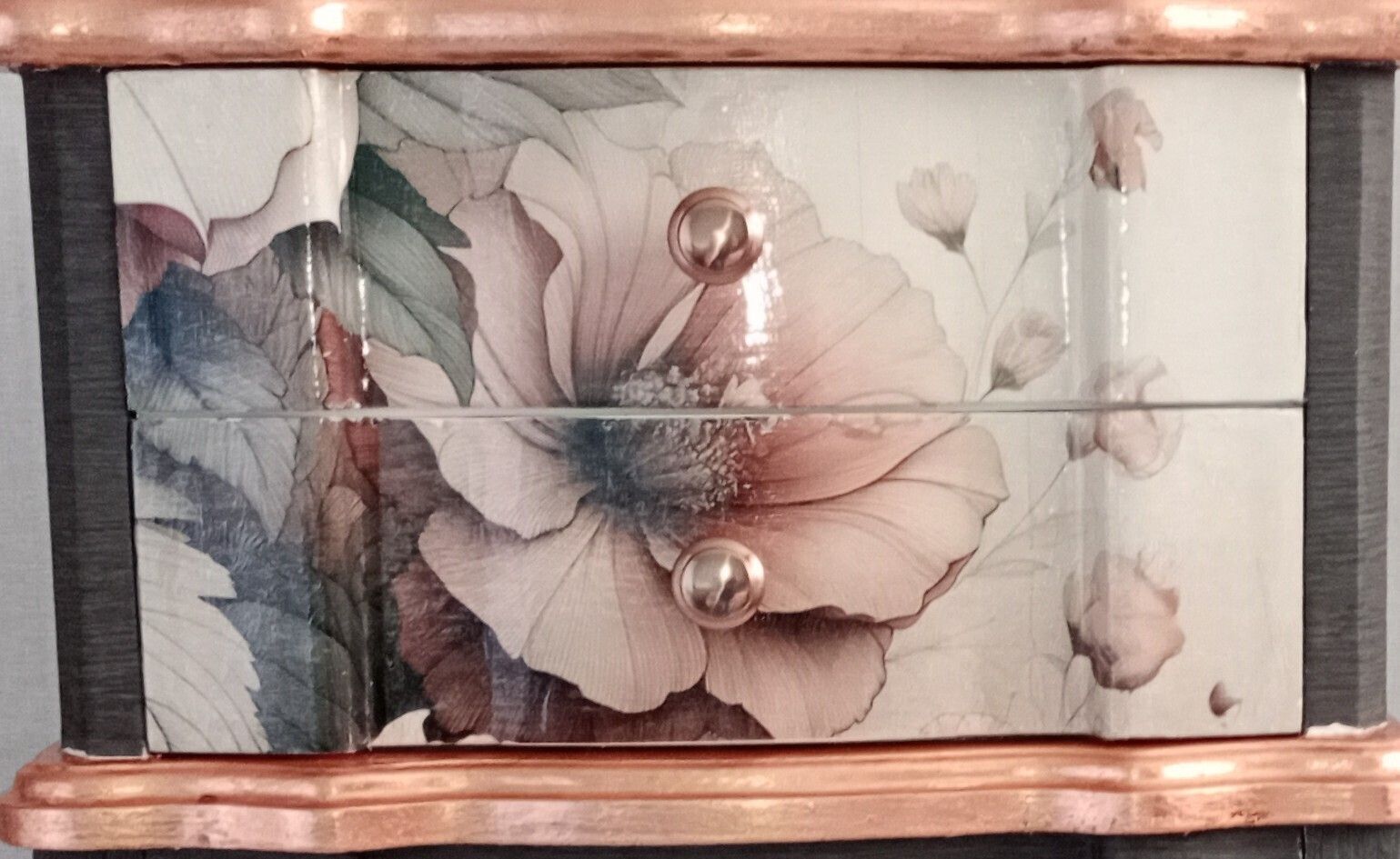 Refurbished Vintage Bedside Tables Pair – Botanical Floral Decoupage, Copper Leaf Detail, Dark Wood Effect Nightstands photo for sale