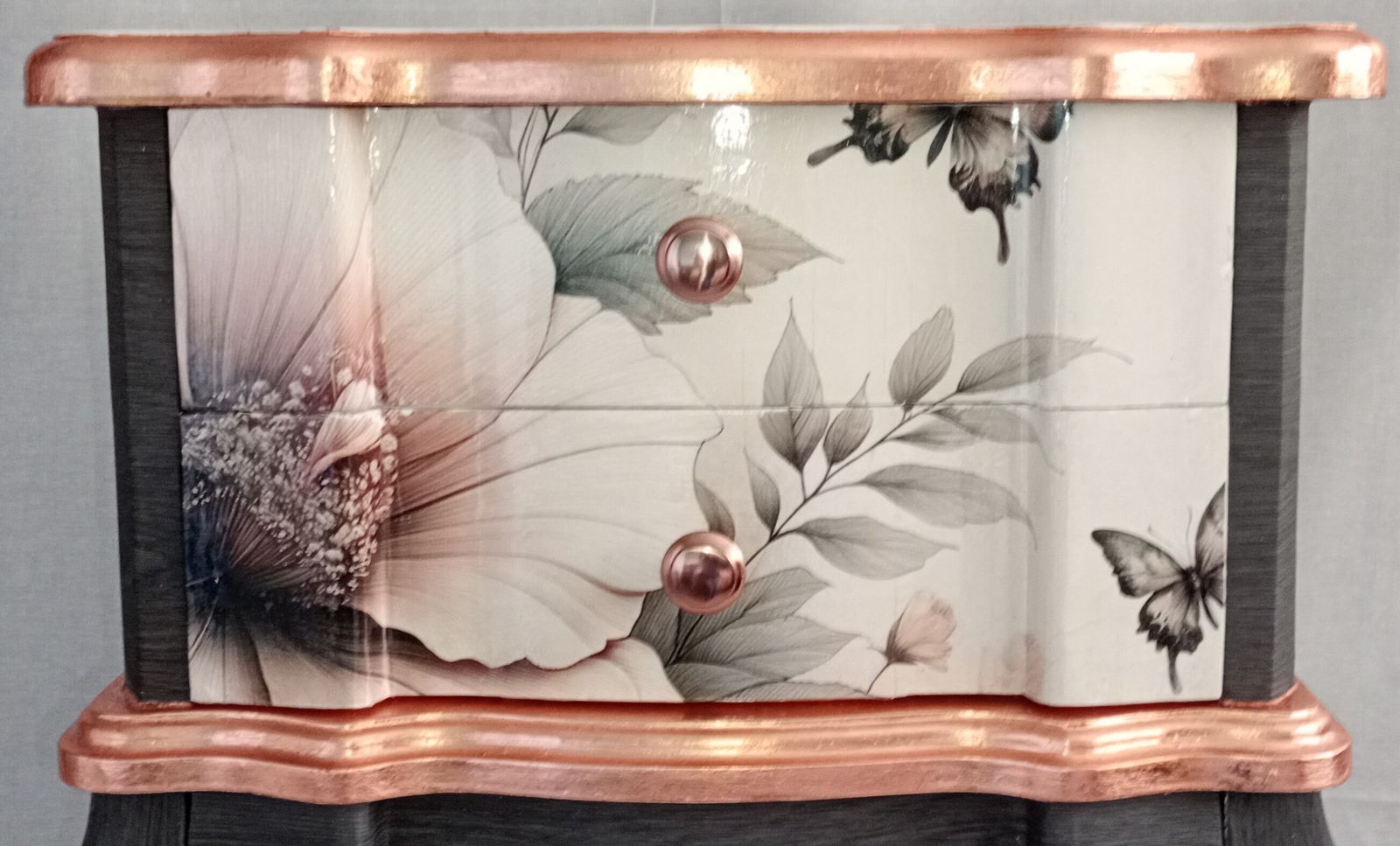 Refurbished Vintage Bedside Tables Pair – Botanical Floral Decoupage, Copper Leaf Detail, Dark Wood Effect Nightstands photo Furniture