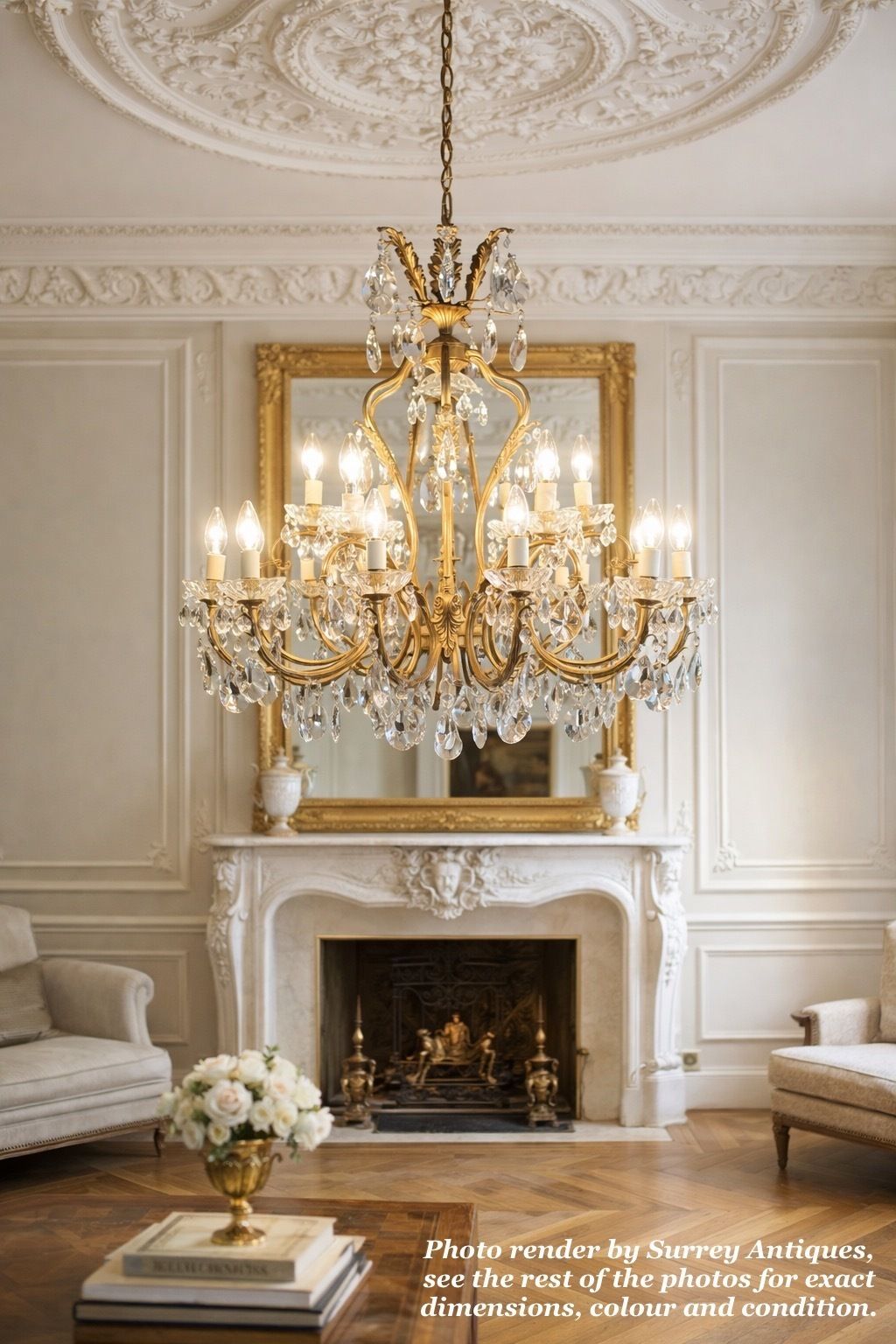 Fine Antique Gilt Bronze Crystal 18 Light Chandelier, Circa 1920 photo for sale