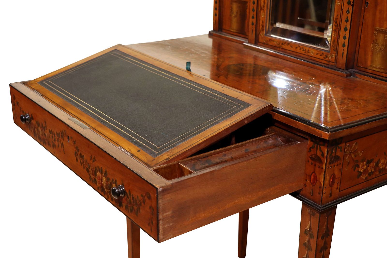 Edwardian Hand Painted Satinwood Ladies Writing Table With Mirrored Superstructure, C.1900 photo 1030.0
