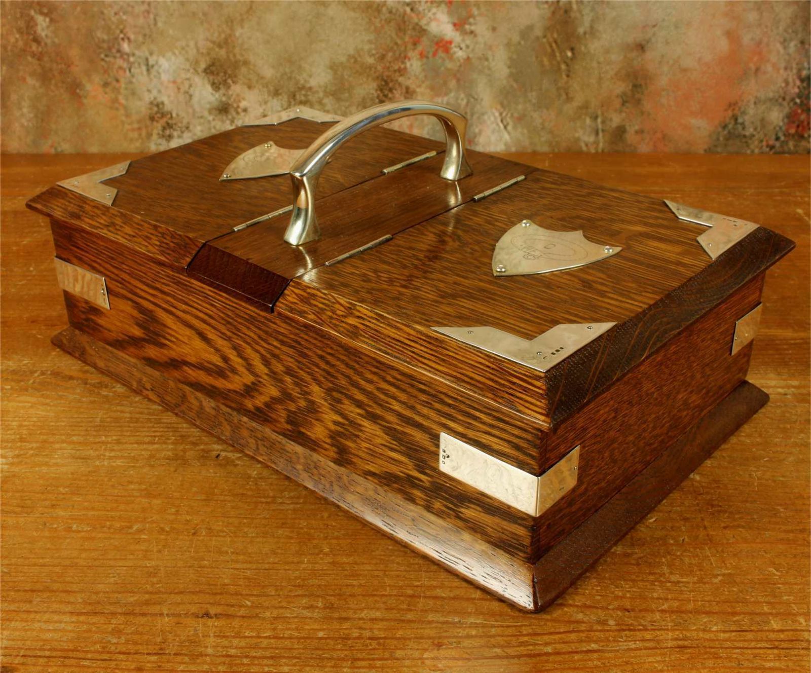 Antique English Oak & Silver Box. Wooden Humidor Cigar Box. 1920. photo buy