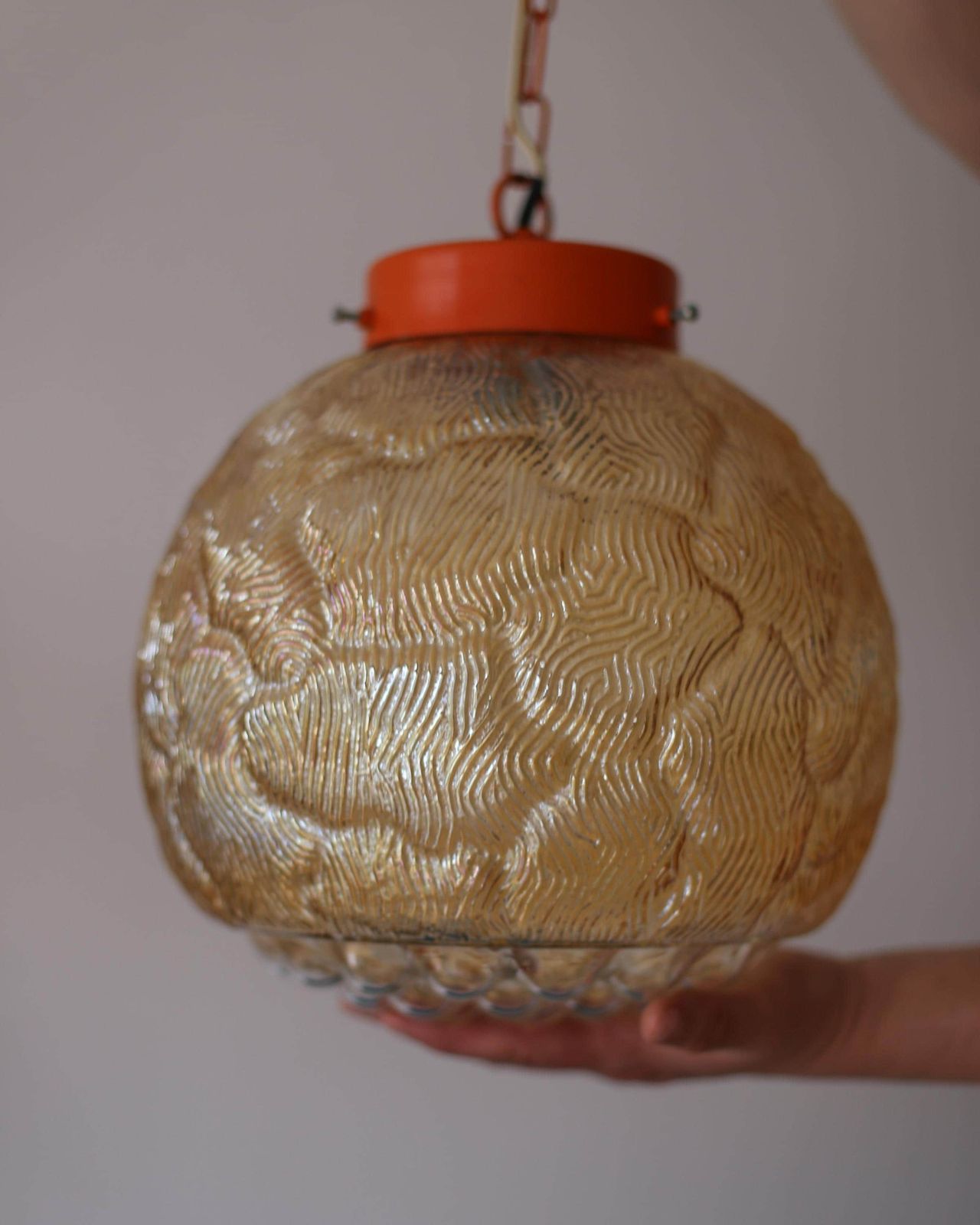Xl Modernist Amber Glass Pendant Lamp – Sijaj Hrastnik Mid Century Globe Light, Made In Yugoslavia, 70s Lamp photo for sale