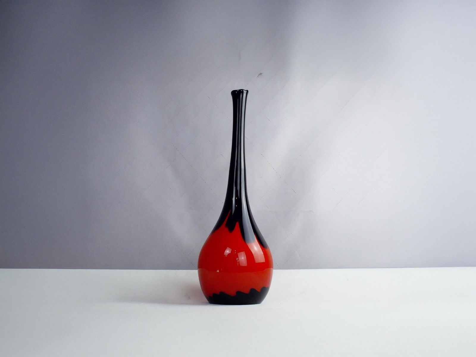 Tall Mid Century Red And Black Art Glass Vase Circa 1970 photo vinterior