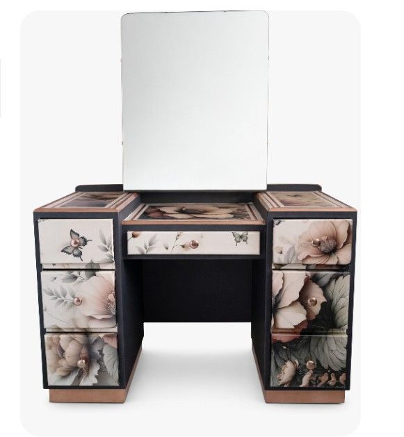 Refurbished Vintage Dressing Table – Botanical Floral Decoupage, Copper Gold Leaf Trim, Vanity