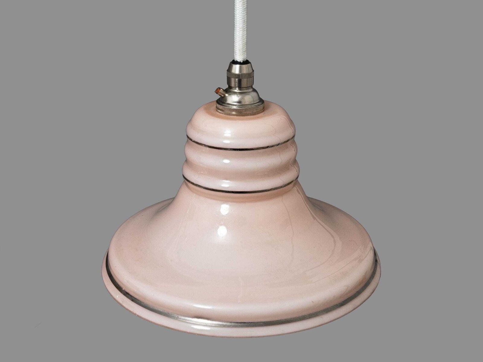 Vintage Art Deco Light Pink Glass Pendant Shade – Silver Bands, 1930s 1940s Lighting photo vinterior