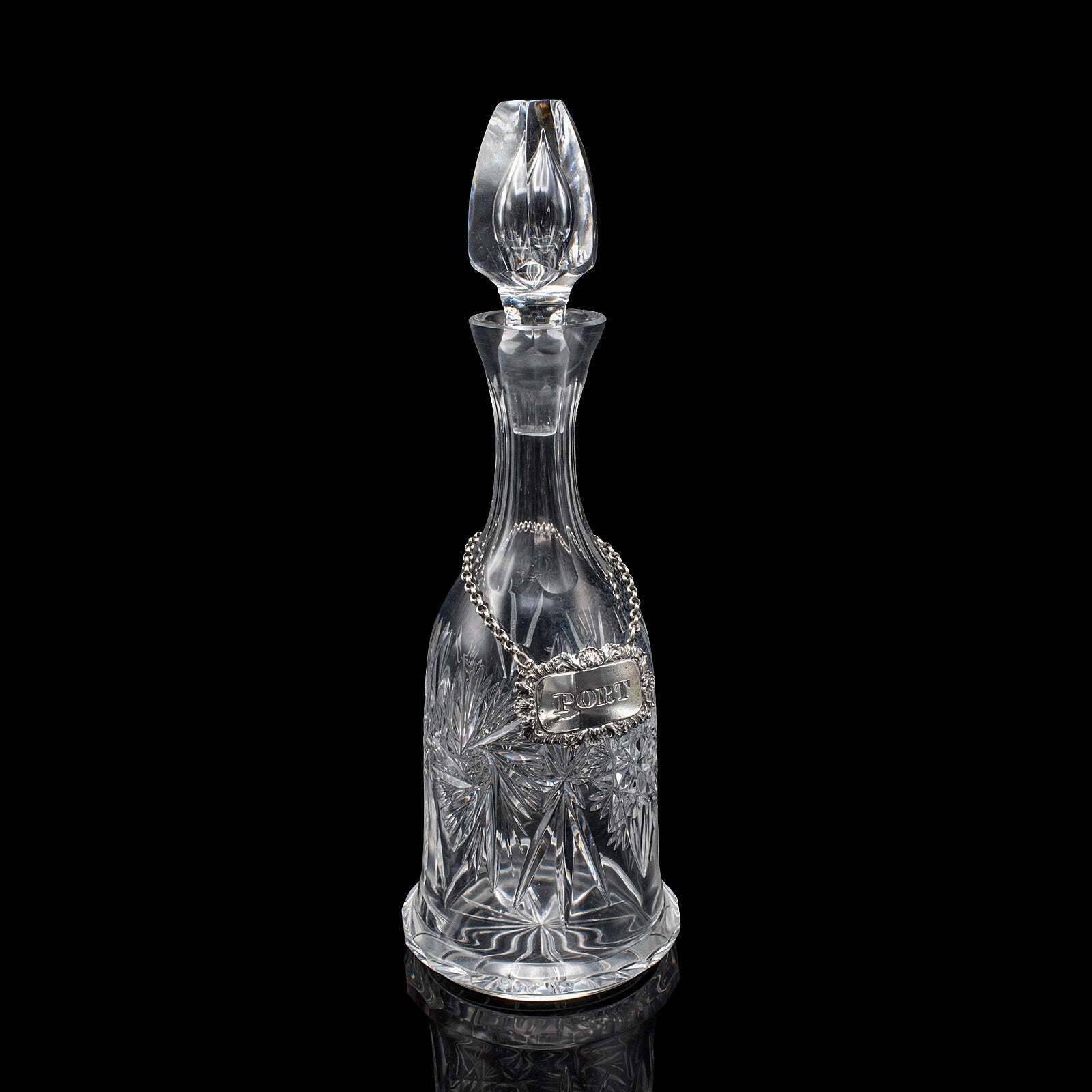 Vintage Port Decanter, English, Glass, Silver Label, Spirit Bottle, Mid Century