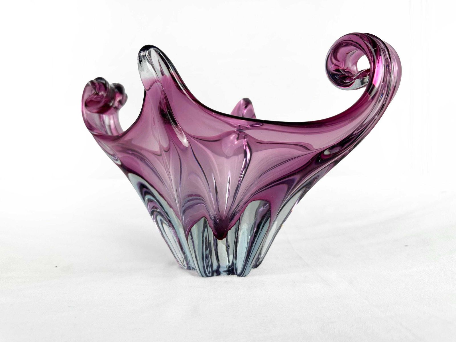 Mid Century Cristallo Venezia Ccc Murano Pink & Blue Sommerso Art Glass Sculptured Bowl 1960