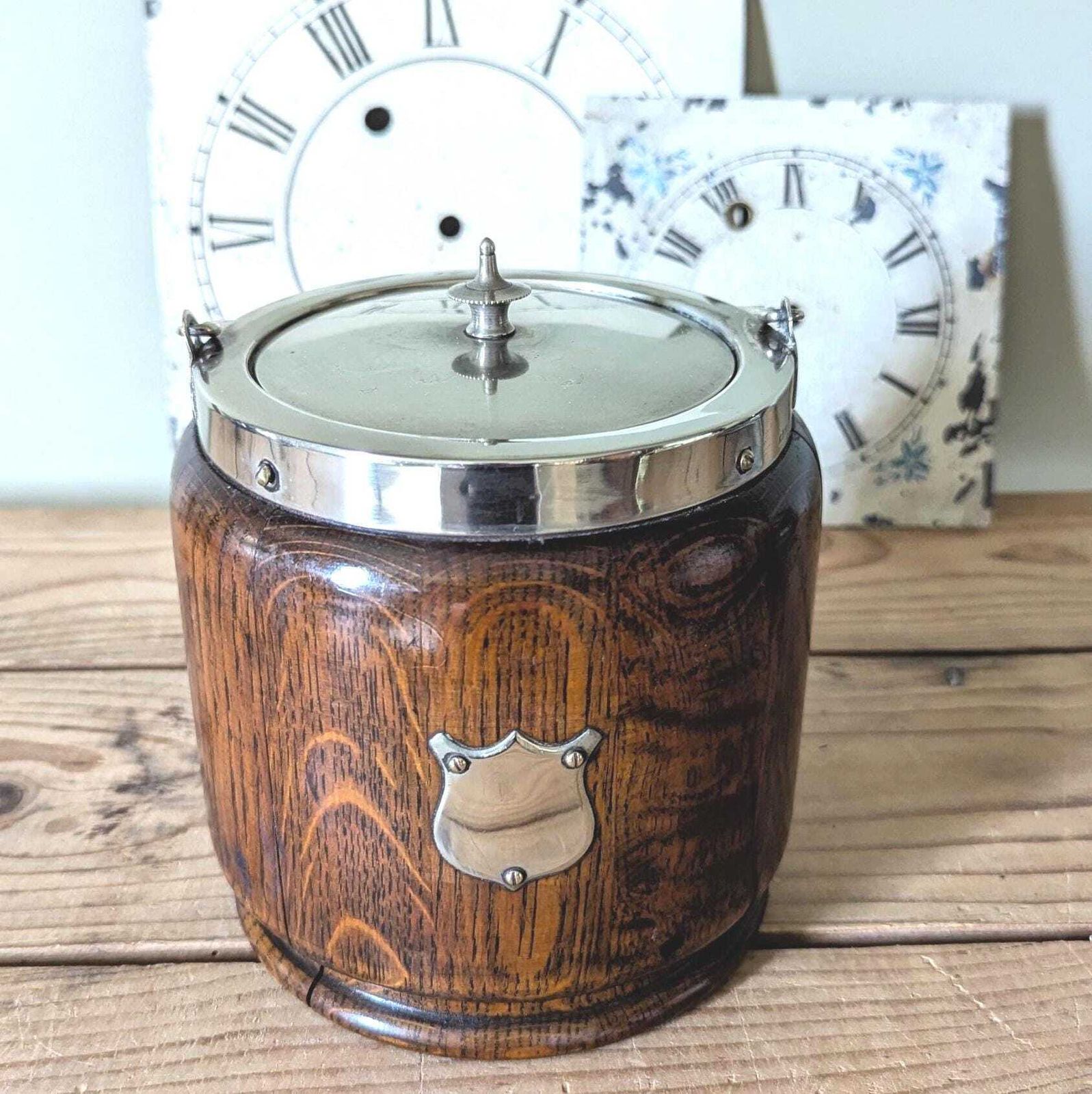 1930s Oak Wooden Biscuit Barrel With Silver Plated Fittings Cookie Jar