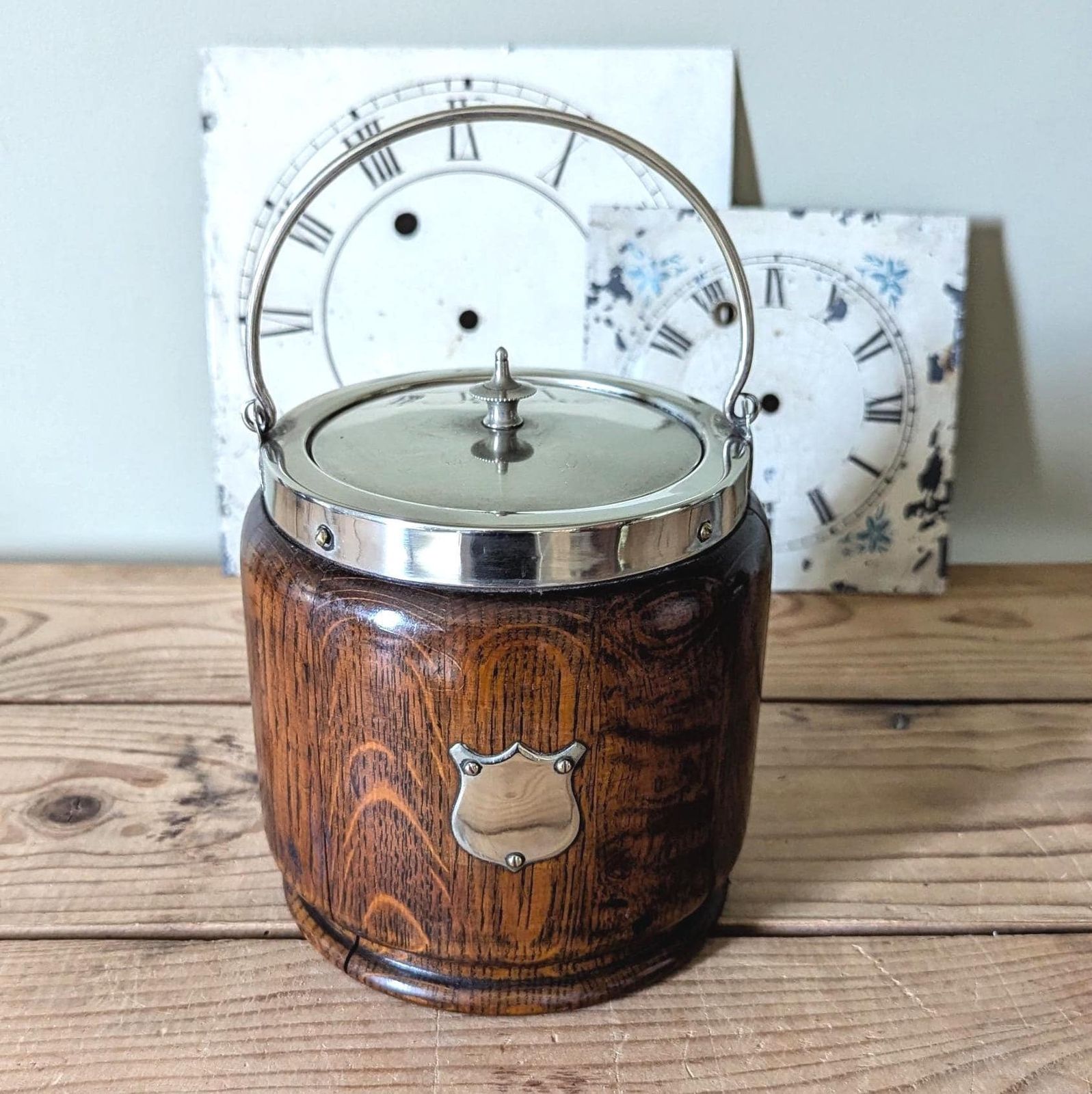 1930s Oak Wooden Biscuit Barrel With Silver Plated Fittings Cookie Jar photo for sale