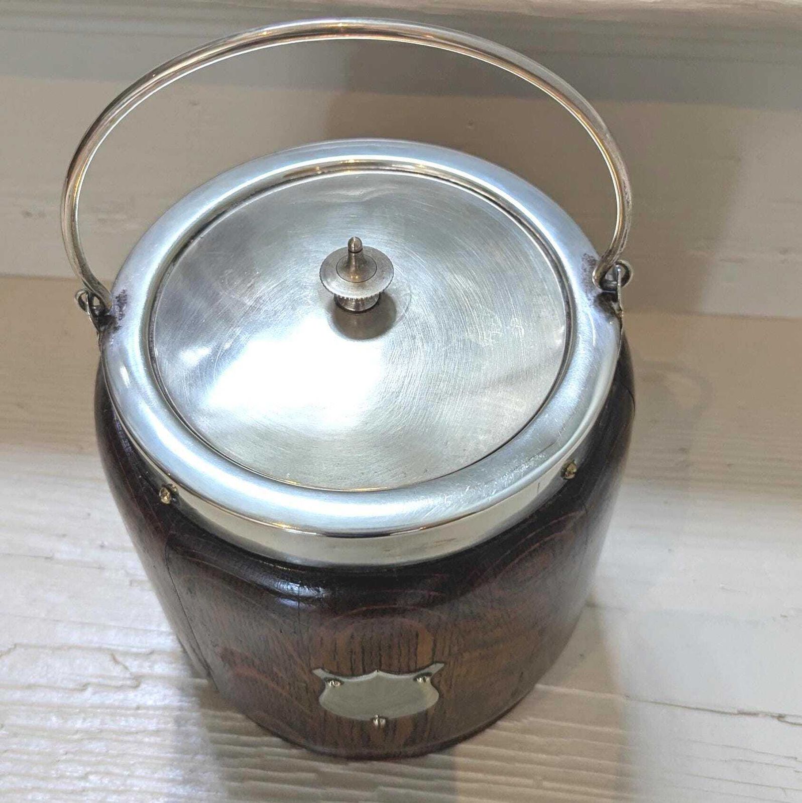1930s Oak Wooden Biscuit Barrel With Silver Plated Fittings Cookie Jar photo vinterior
