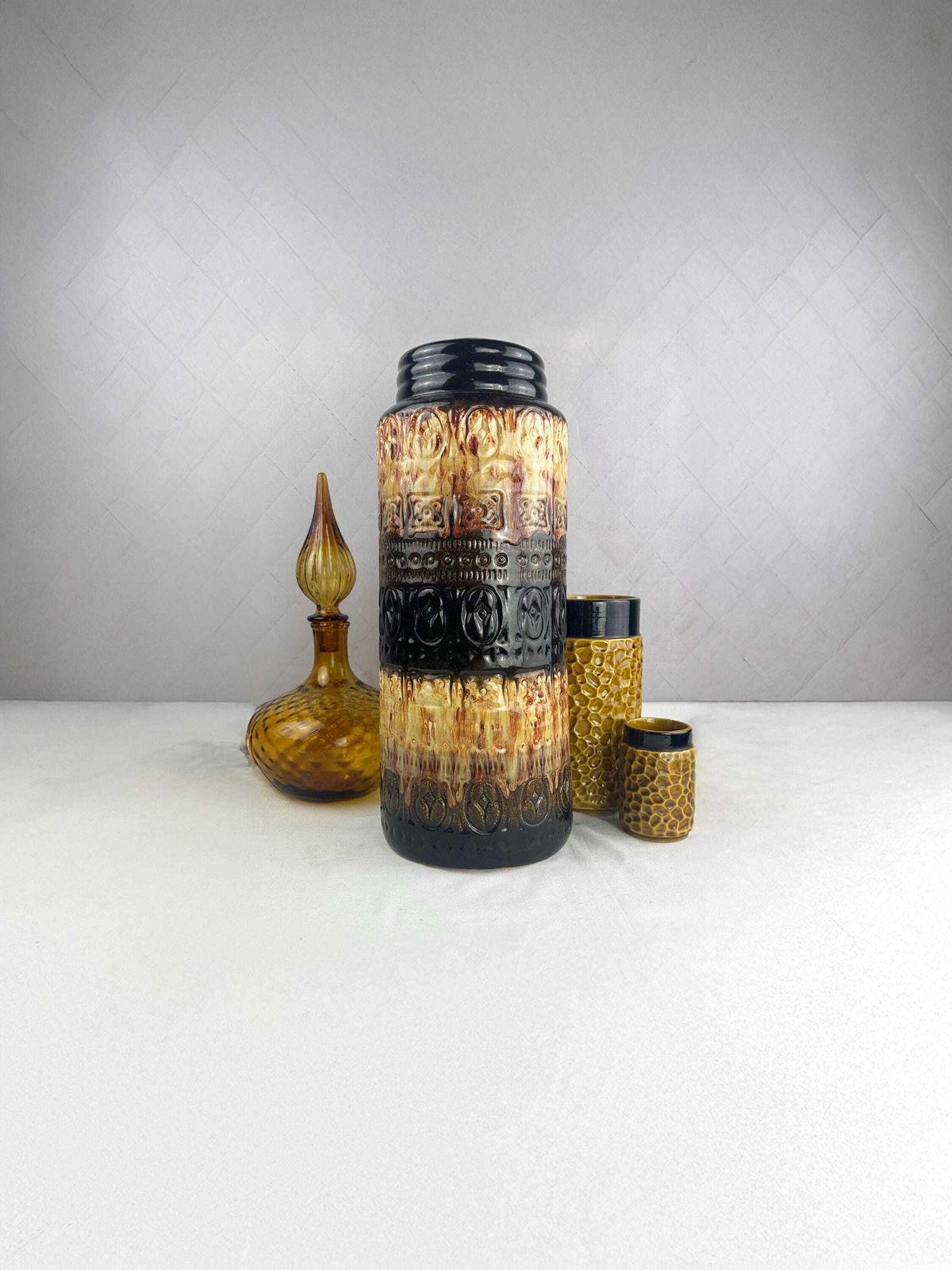Large West German Pottery Floor Vase, Mid Century Geometric Cream Chocolate Brown, Scheurich 1970s