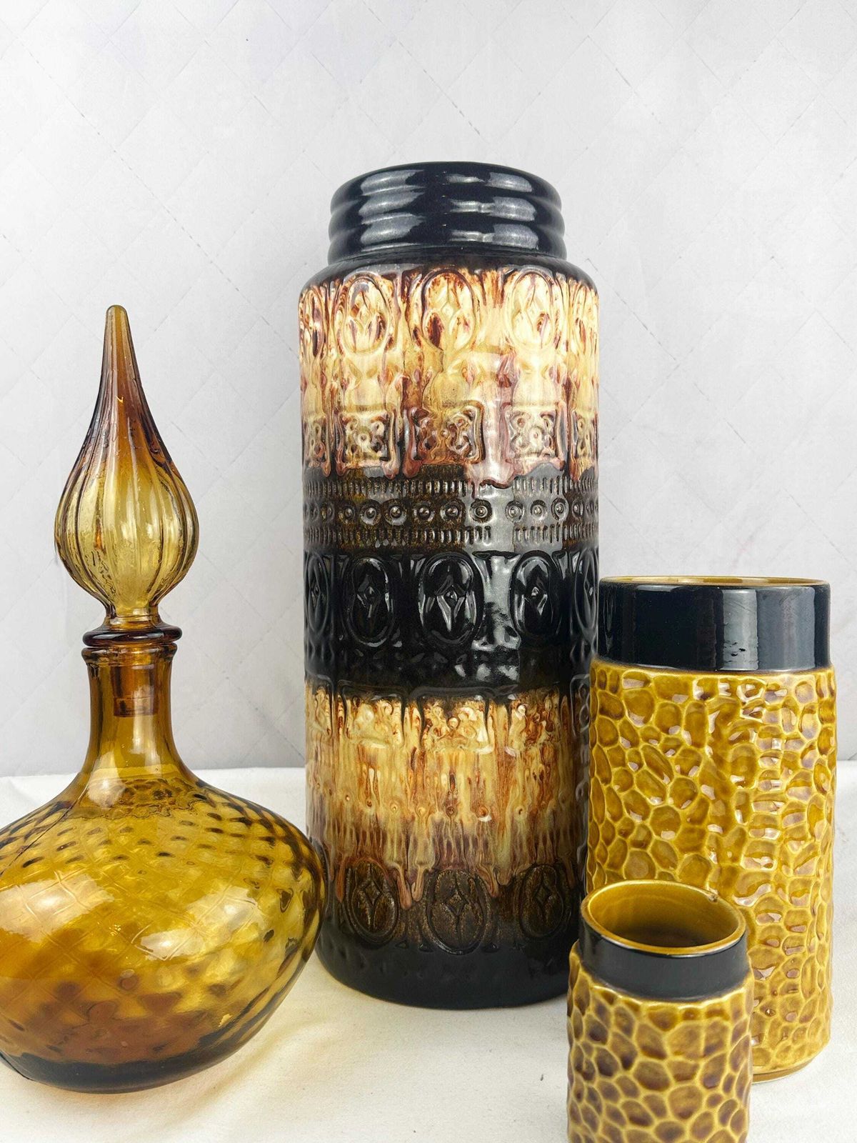 Large West German Pottery Floor Vase, Mid Century Geometric Cream Chocolate Brown, Scheurich 1970s photo furniture