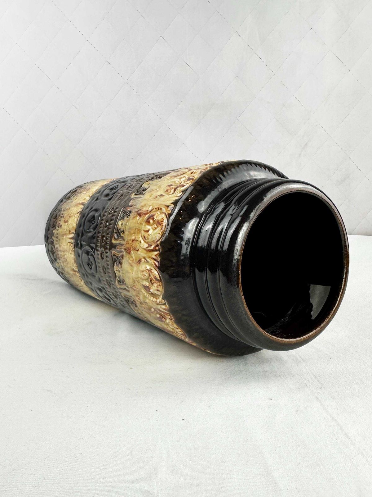 photo for sale Large West German Pottery Floor Vase, Mid Century Geometric Cream Chocolate Brown, Scheurich 1970s
